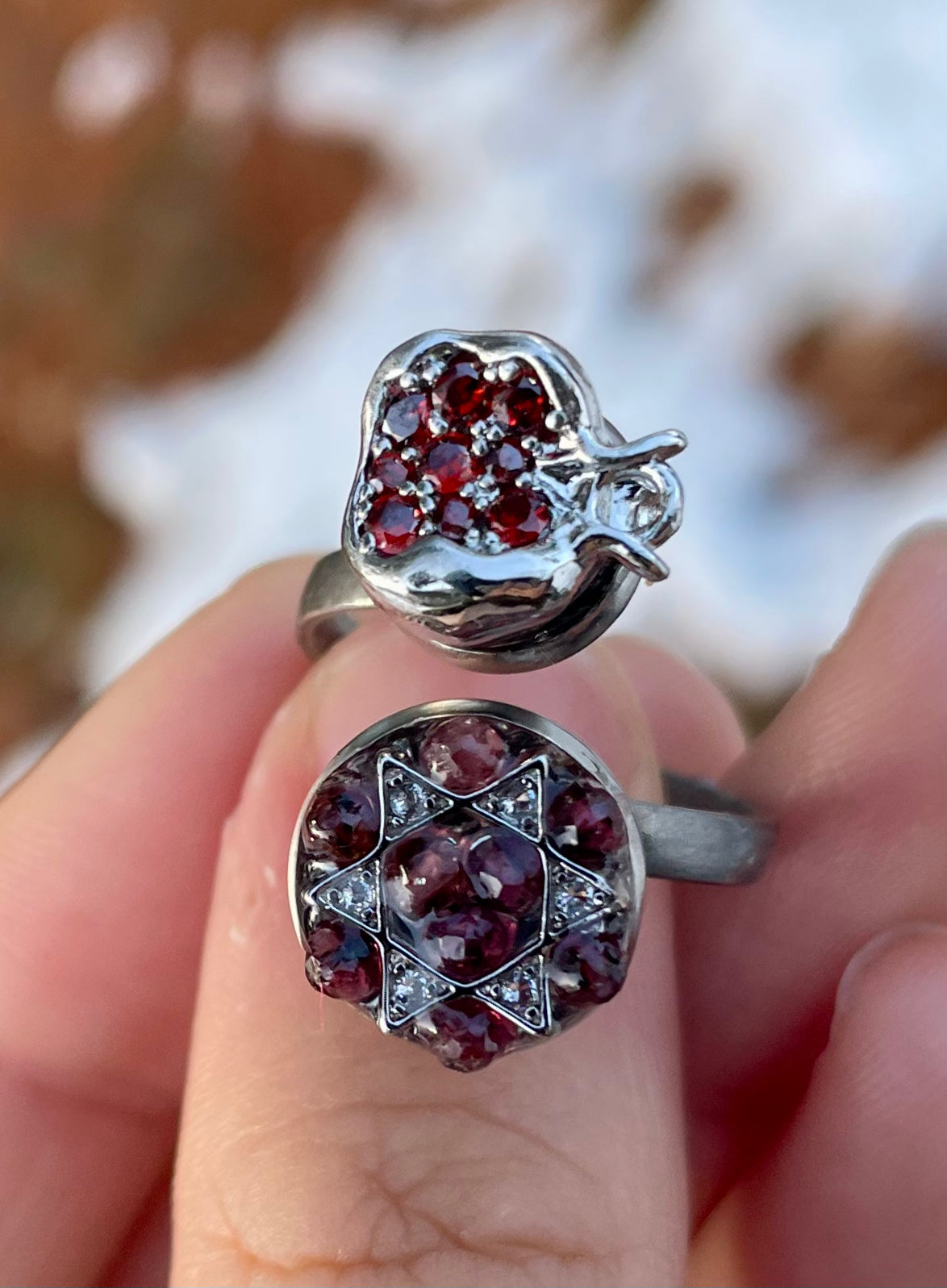 Magen David & Silver Pomegranate Garnet Gemstones Red Zirconia Adjustable Ring