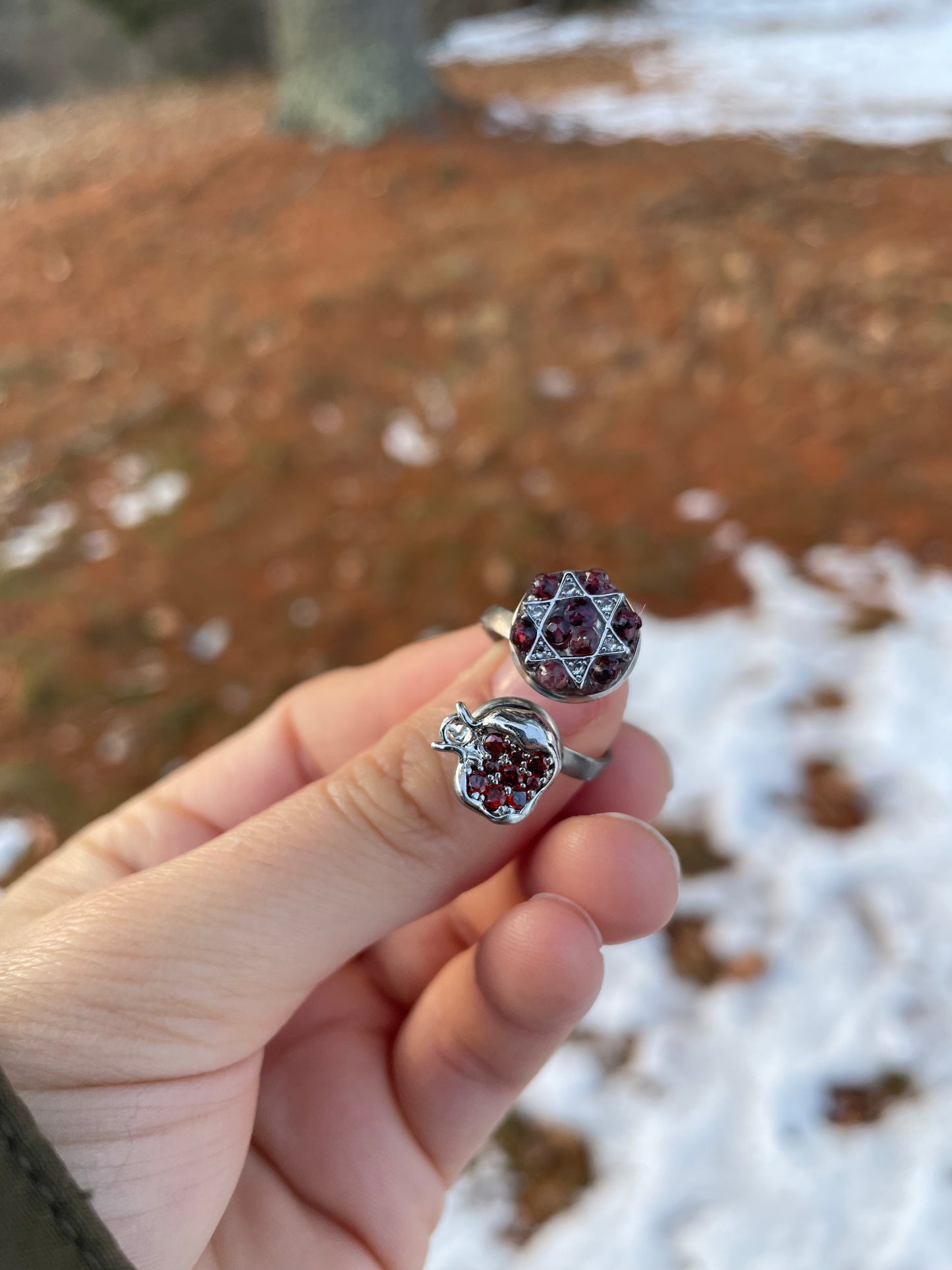 Magen David & Silver Pomegranate Garnet Gemstones Red Zirconia Adjustable Ring