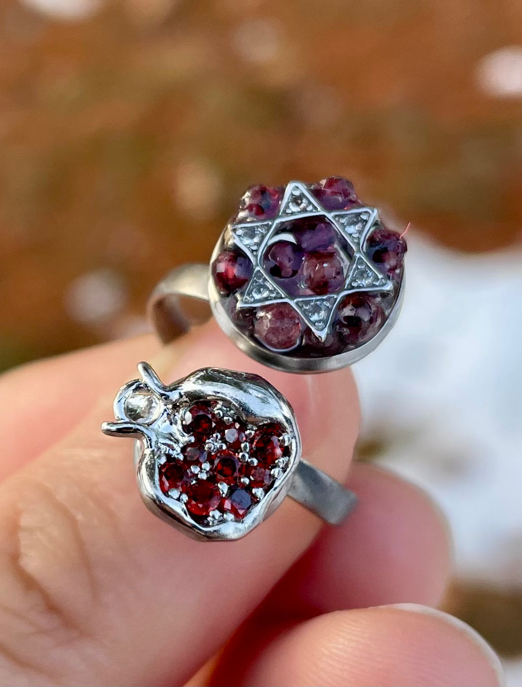 Magen David & Silver Pomegranate Garnet Gemstones Red Zirconia Adjustable Ring