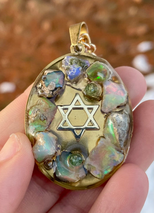 White Green Opal Gemstones Magen David Gold Plated Stainless Large Oval Pendant