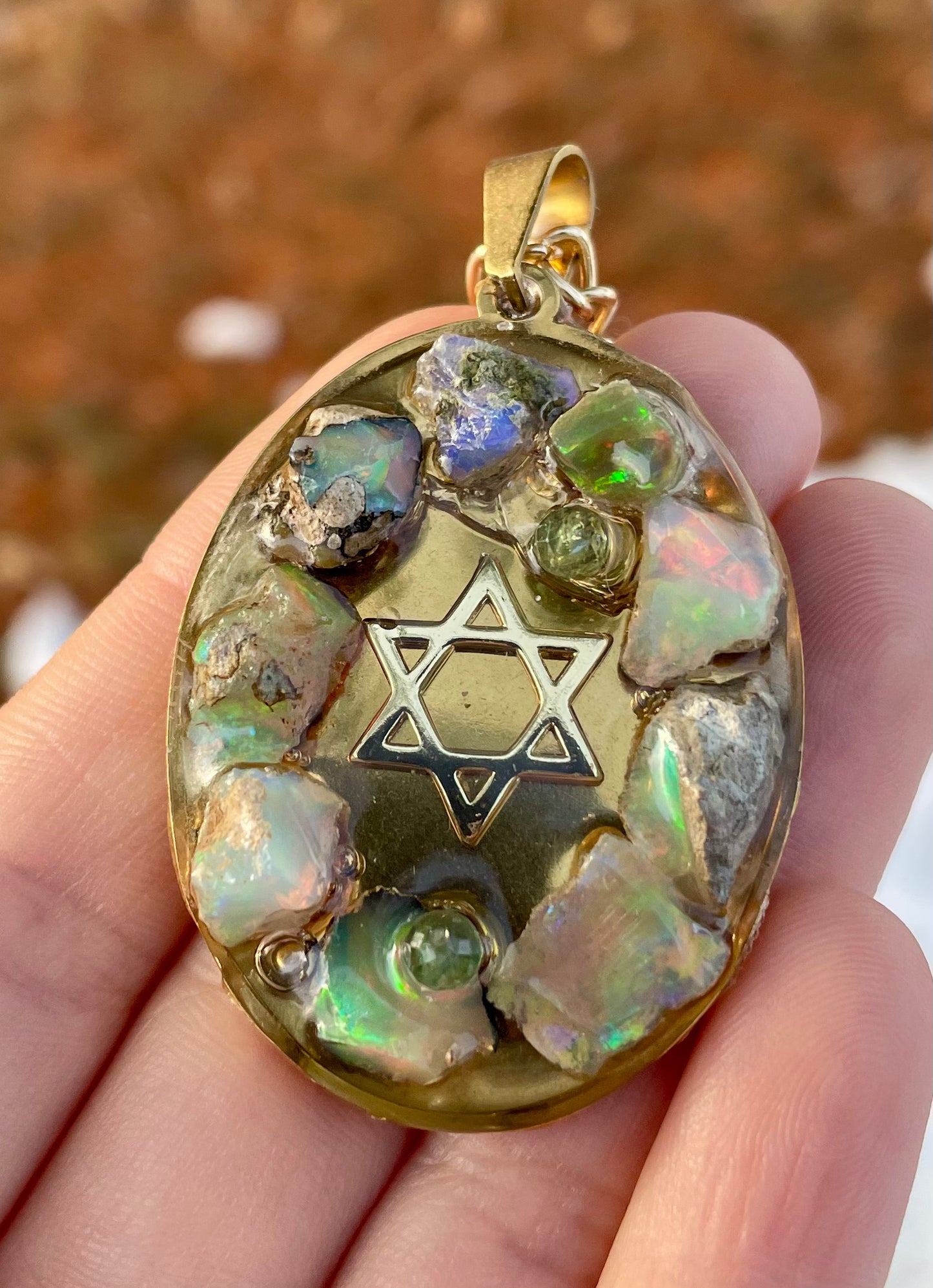White Green Opal Gemstones Magen David Gold Plated Stainless Large Oval Pendant