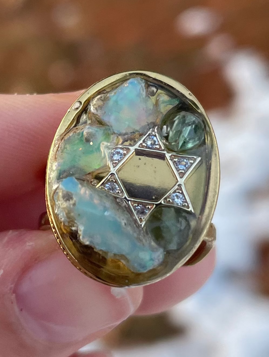 White Green Opal Gemstones Magen David Gold Plated Stainless Ring