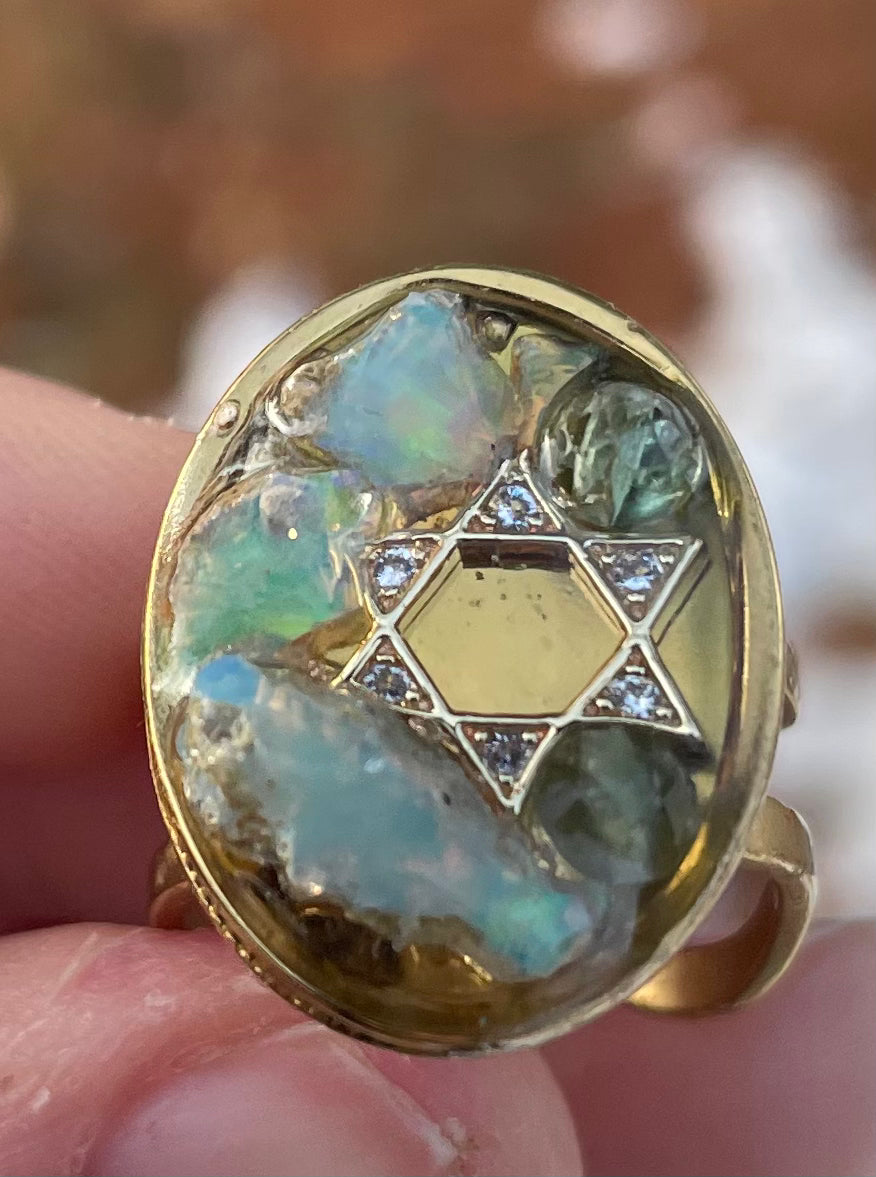 White Green Opal Gemstones Magen David Gold Plated Stainless Ring