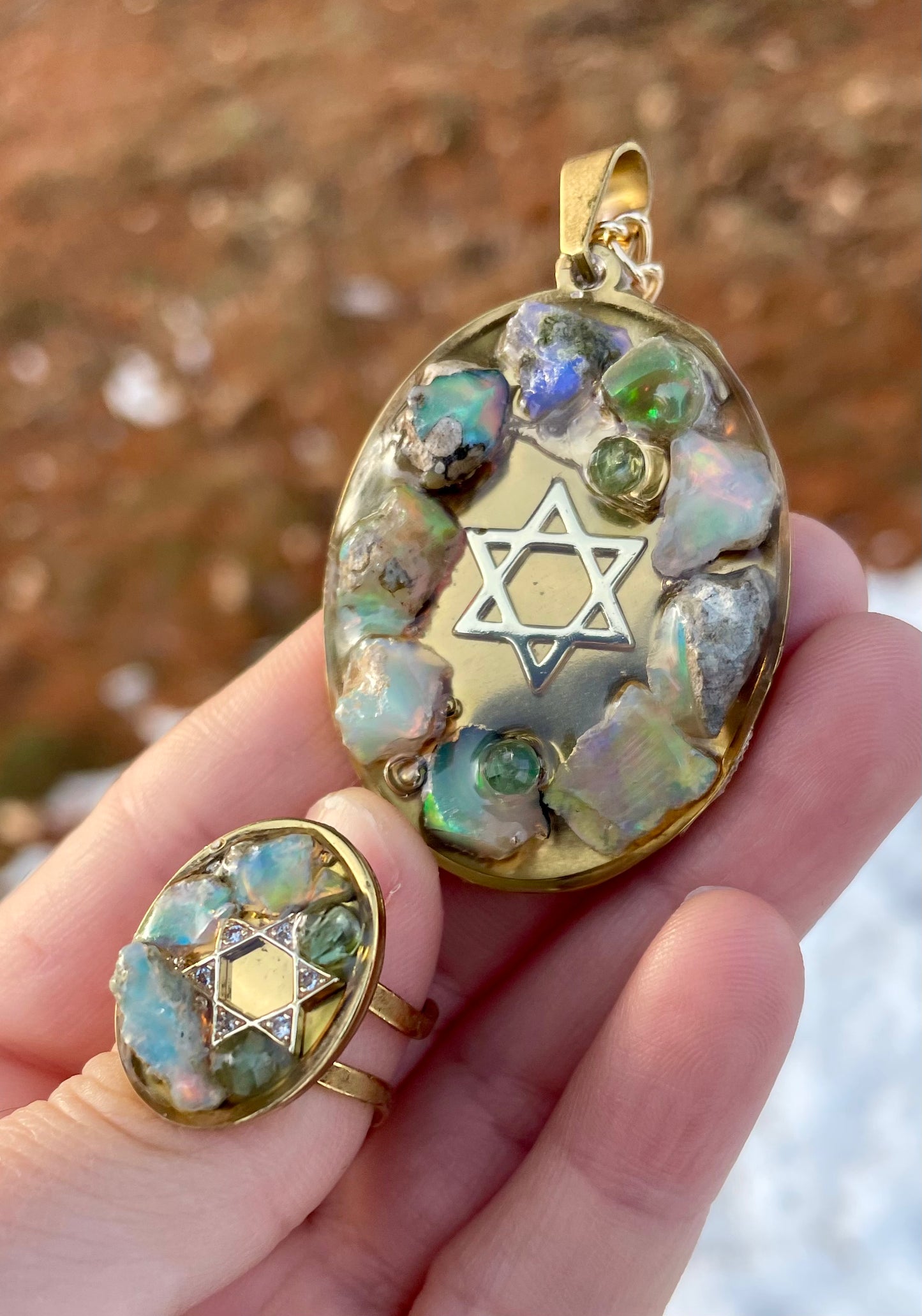 White Green Opal Gemstones Magen David Gold Plated Stainless Large Oval Pendant