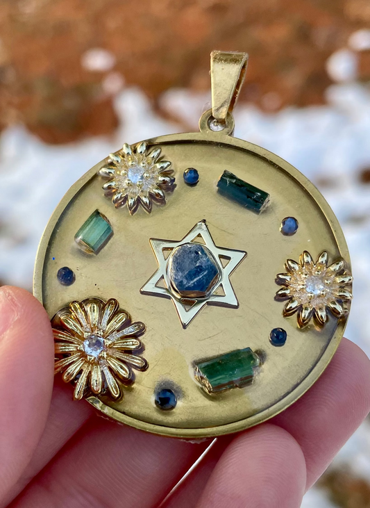 Blue Sapphires and Green Blue Tourmaline Flowers Magen David Large Round Gold plated Pendant