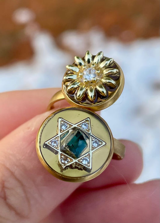 Blue Tourmaline Magen David & Daisy Stainless Ring