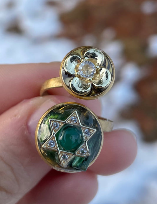 Green Tourmaline Magen David and 4 Leaf Flower Adjustable Ring