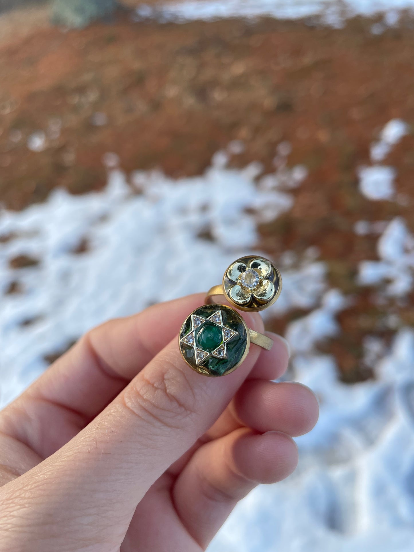 Green Tourmaline Magen David and 4 Leaf Flower Adjustable Ring