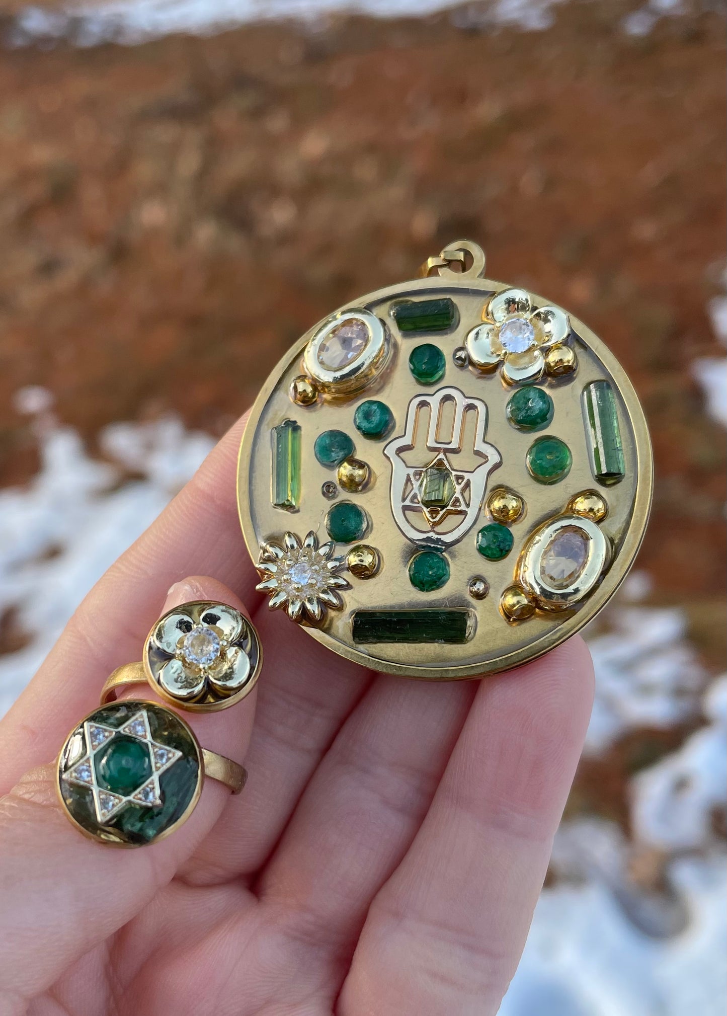 Hamsa Green Tourmaline Gemstones Flowers Gold plated Round Pendant