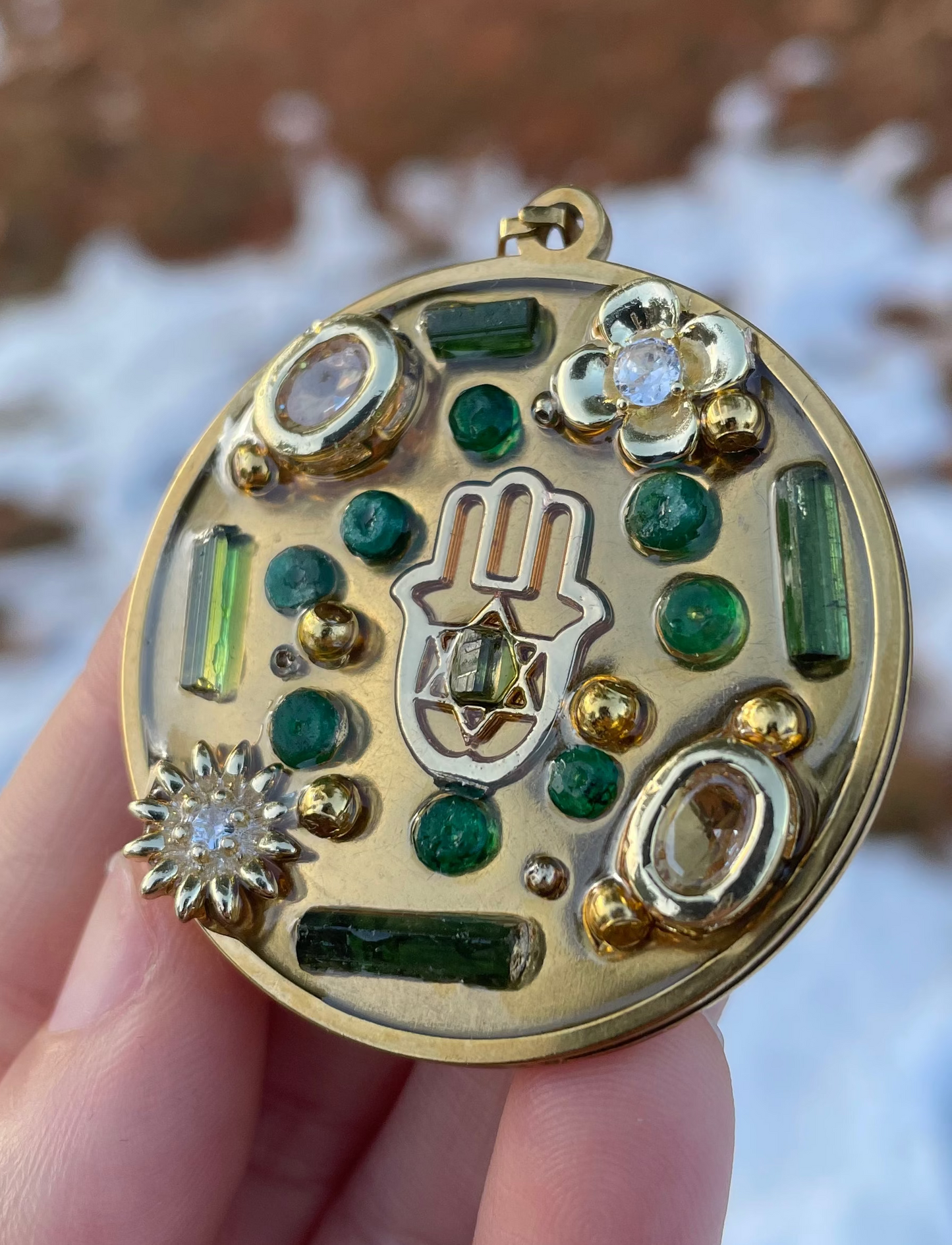 Hamsa Green Tourmaline Gemstones Flowers Gold plated Round Pendant