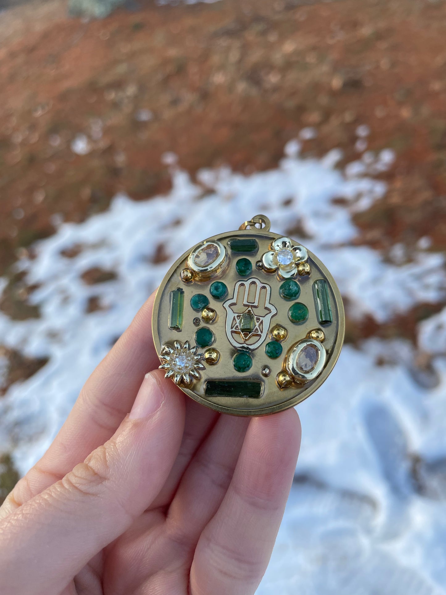 Hamsa Green Tourmaline Gemstones Flowers Gold plated Round Pendant