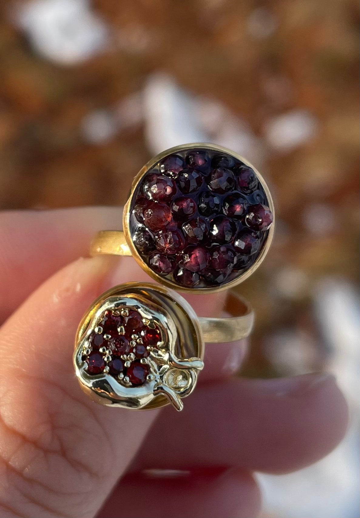 Garnet Gemstones and Pomegranate Gold Plated Stainless Ring