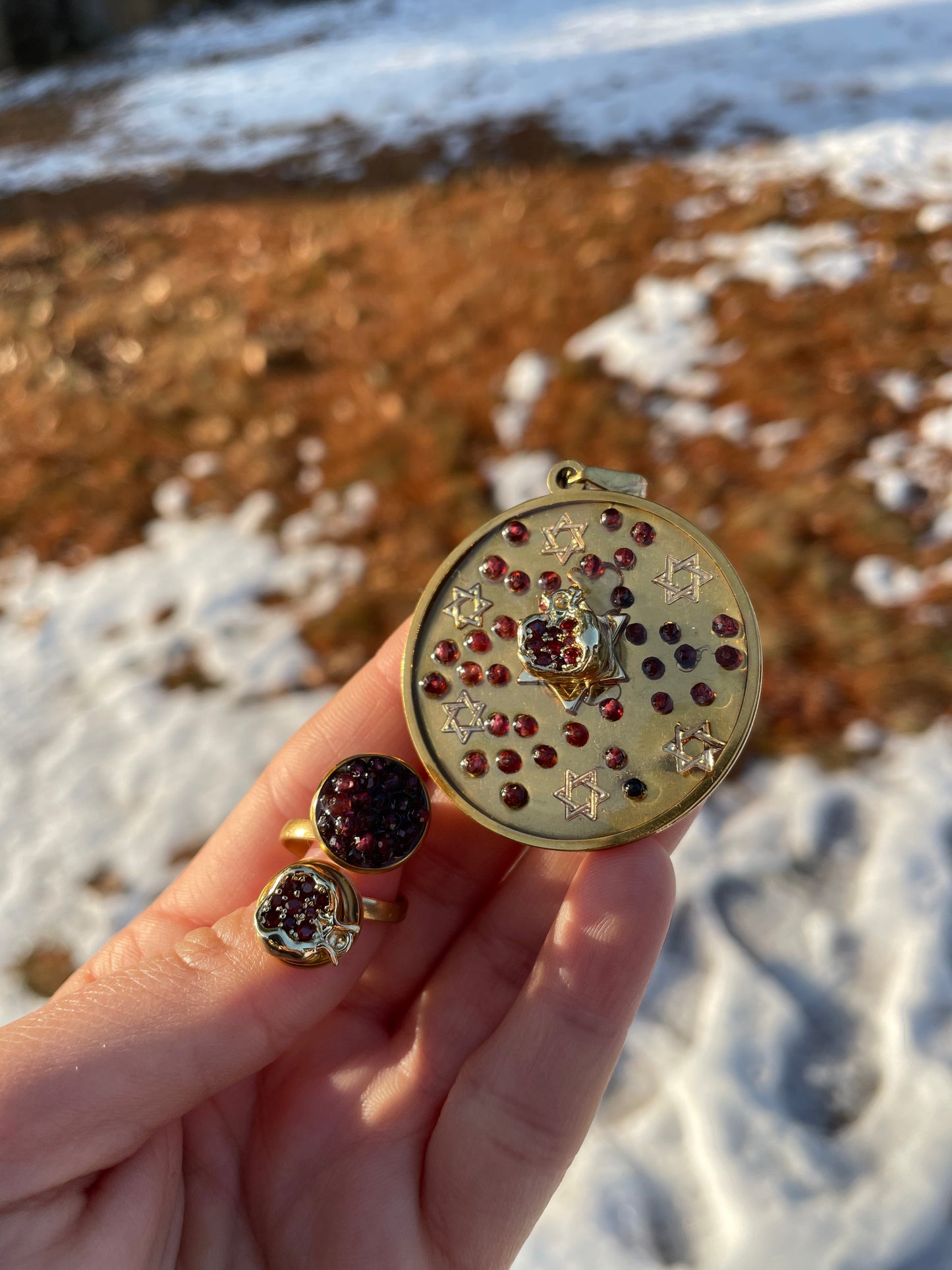 Garnet Gemstones and Pomegranate Gold Plated Stainless Ring