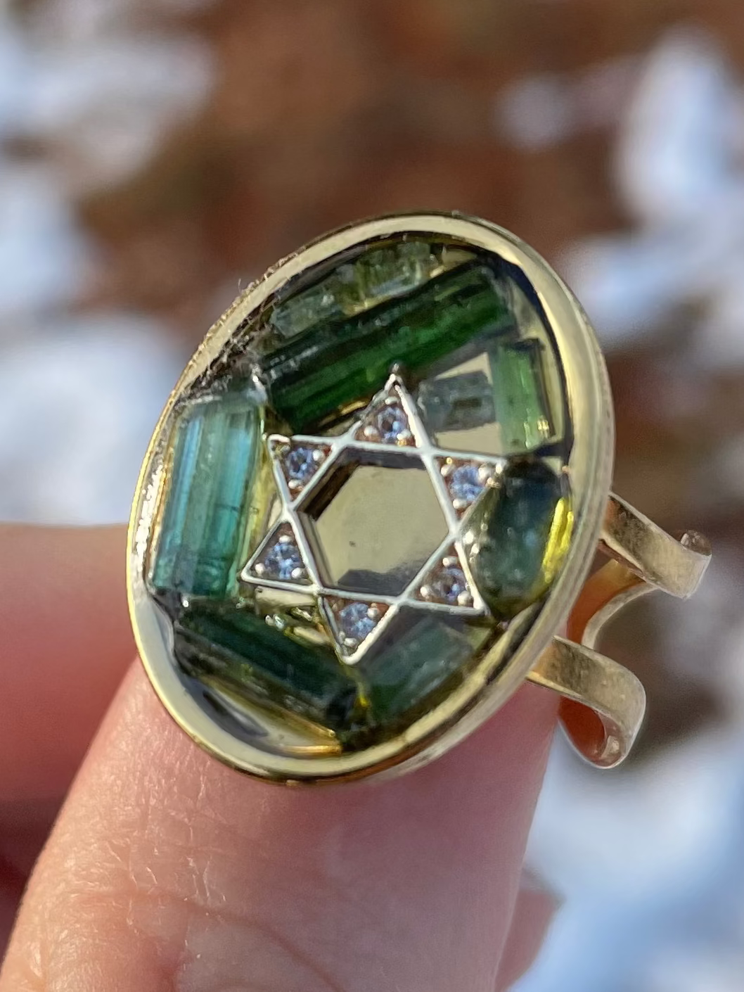 Green Tourmaline Treasures Gemstones Magen David Ring in Gold Plated Adjustable Stainless