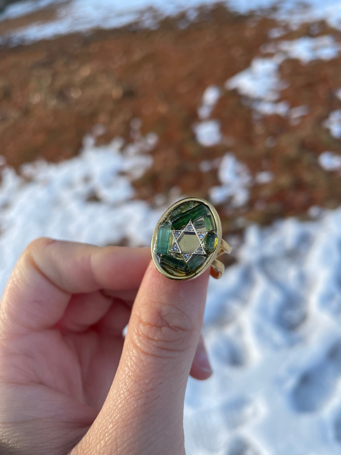 Green Tourmaline Treasures Gemstones Magen David Ring in Gold Plated Adjustable Stainless