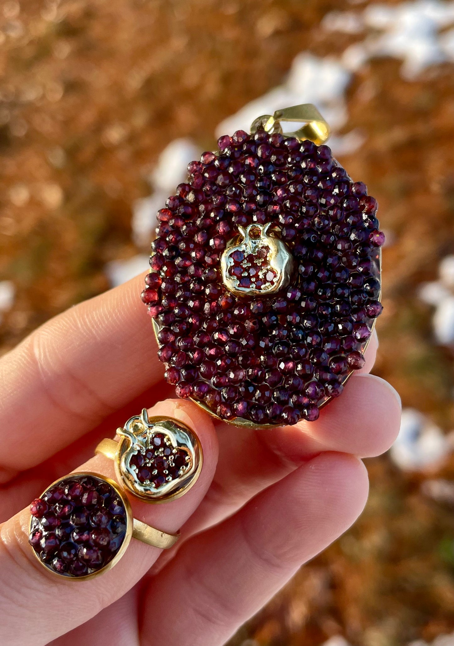 Garnet Gemstones and Pomegranate Gold Plated Stainless Ring