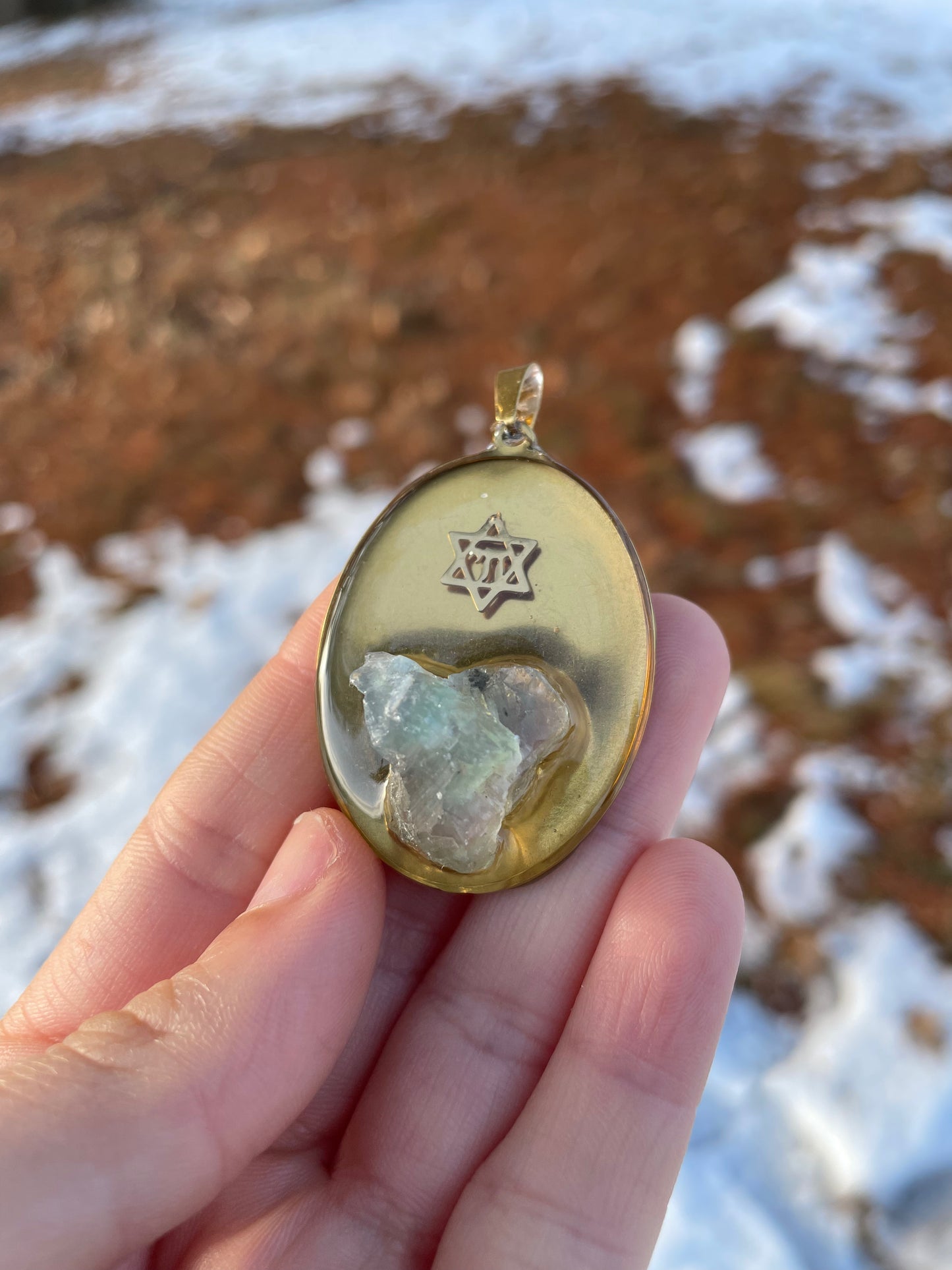 Fluorite Light Green Crystal Magen David Gold plated Pendant