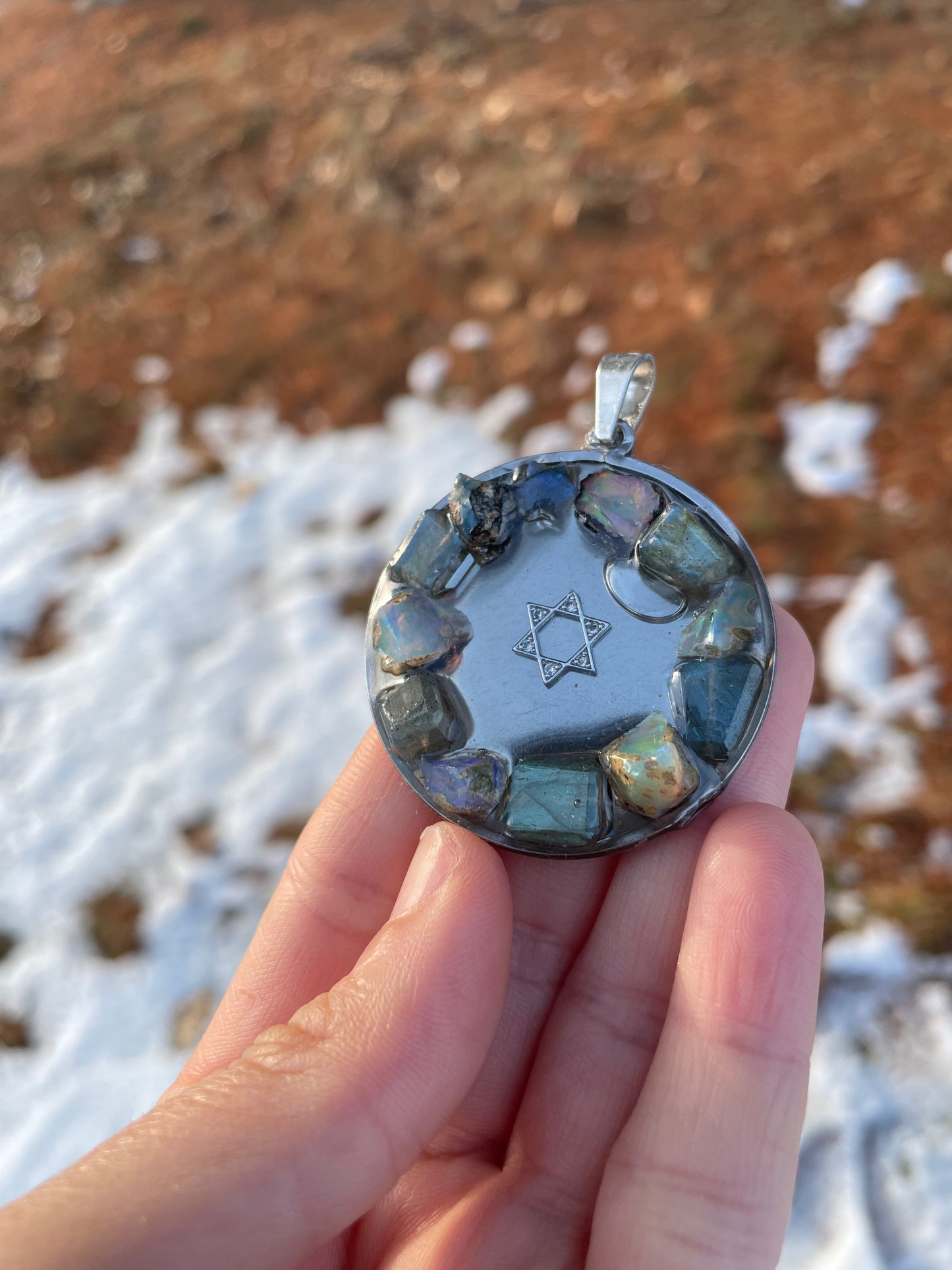 Opal and Labradorite Gemstones Round Silver Stainless Steel Magen David Pendant