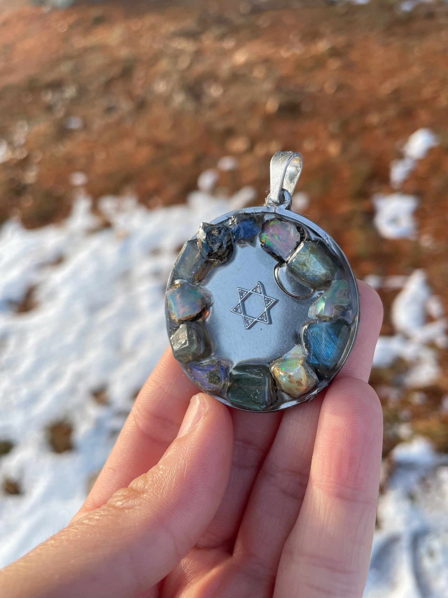 Opal and Labradorite Gemstones Round Silver Stainless Steel Magen David Pendant