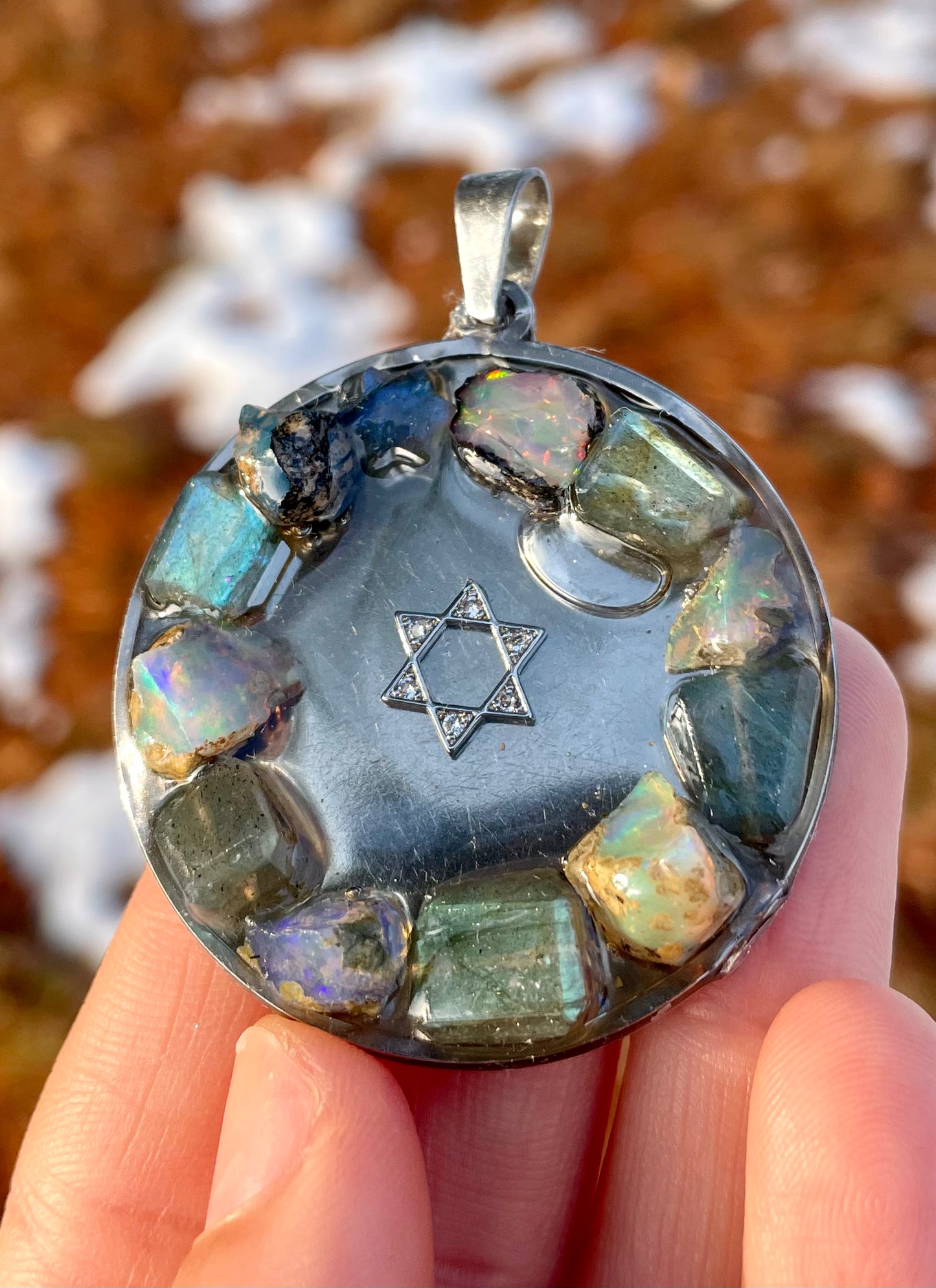 Opal and Labradorite Gemstones Round Silver Stainless Steel Magen David Pendant