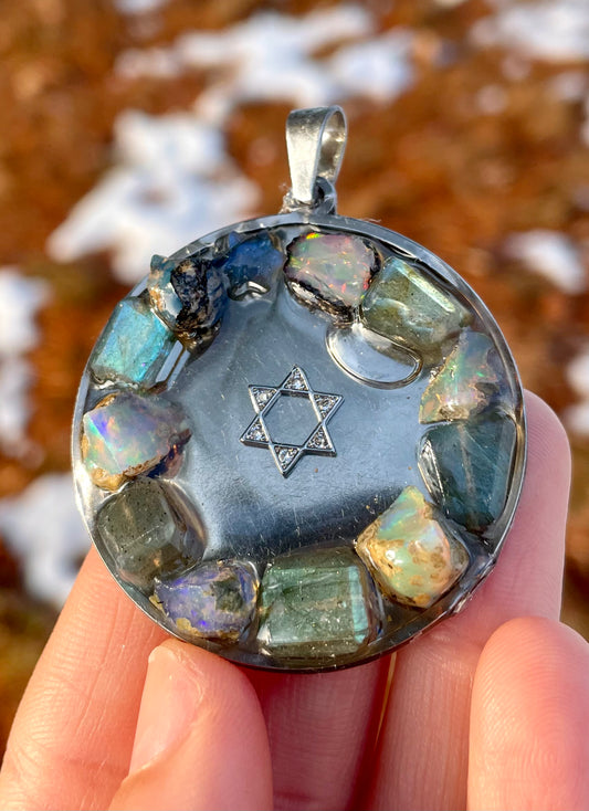 Opal and Labradorite Gemstones Round Silver Stainless Steel Magen David Pendant