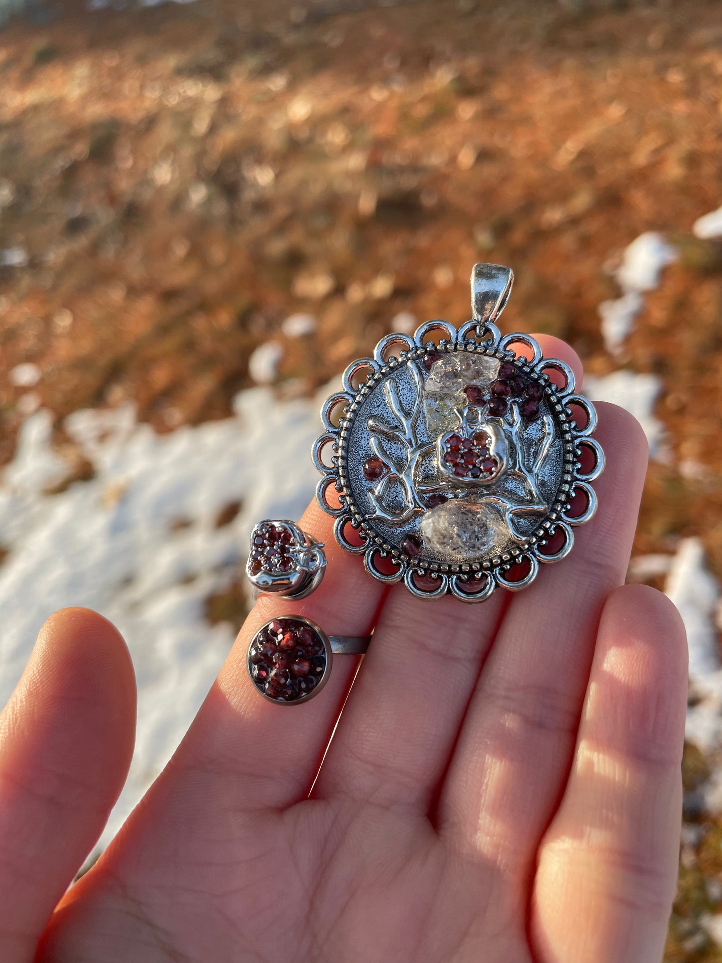 Silver Pomegranate Leafy Garnet and Quartz Gemstones Resin Pendant