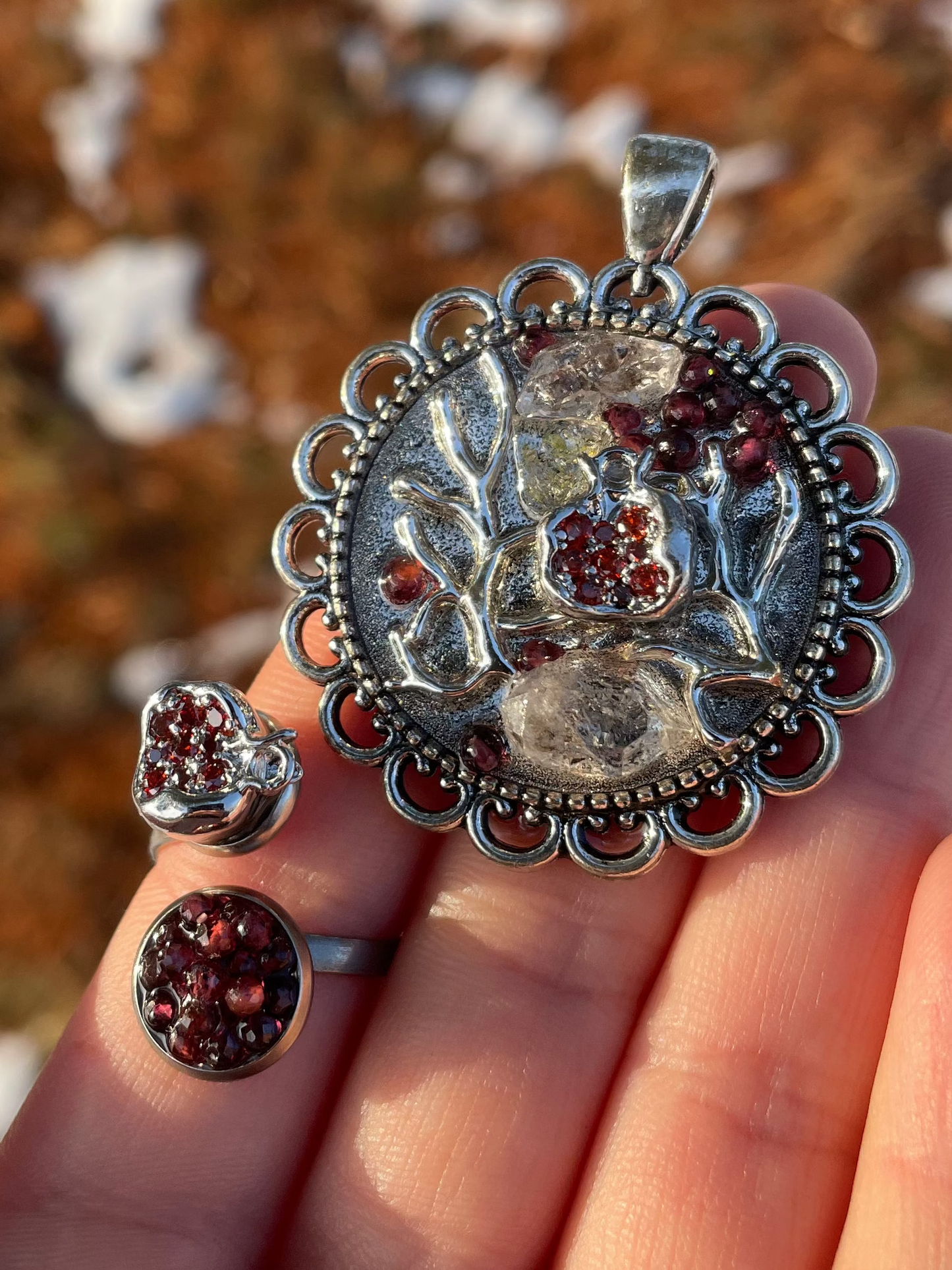 Silver Pomegranate Leafy Garnet and Quartz Gemstones Resin Pendant