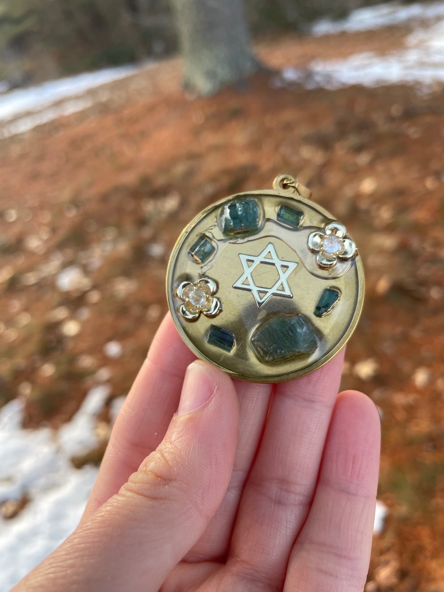 Blue Tourmaline Flowers Magen David Large Round Gold plated Pendant