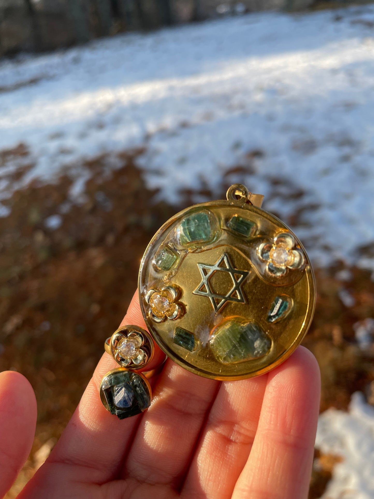Blue Tourmaline Flowers Magen David Large Round Gold plated Pendant