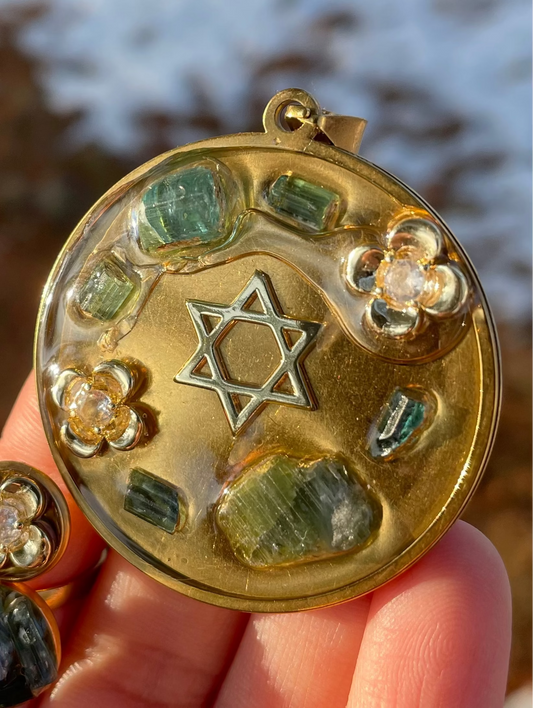 Blue Tourmaline Flowers Magen David Large Round Gold plated Pendant