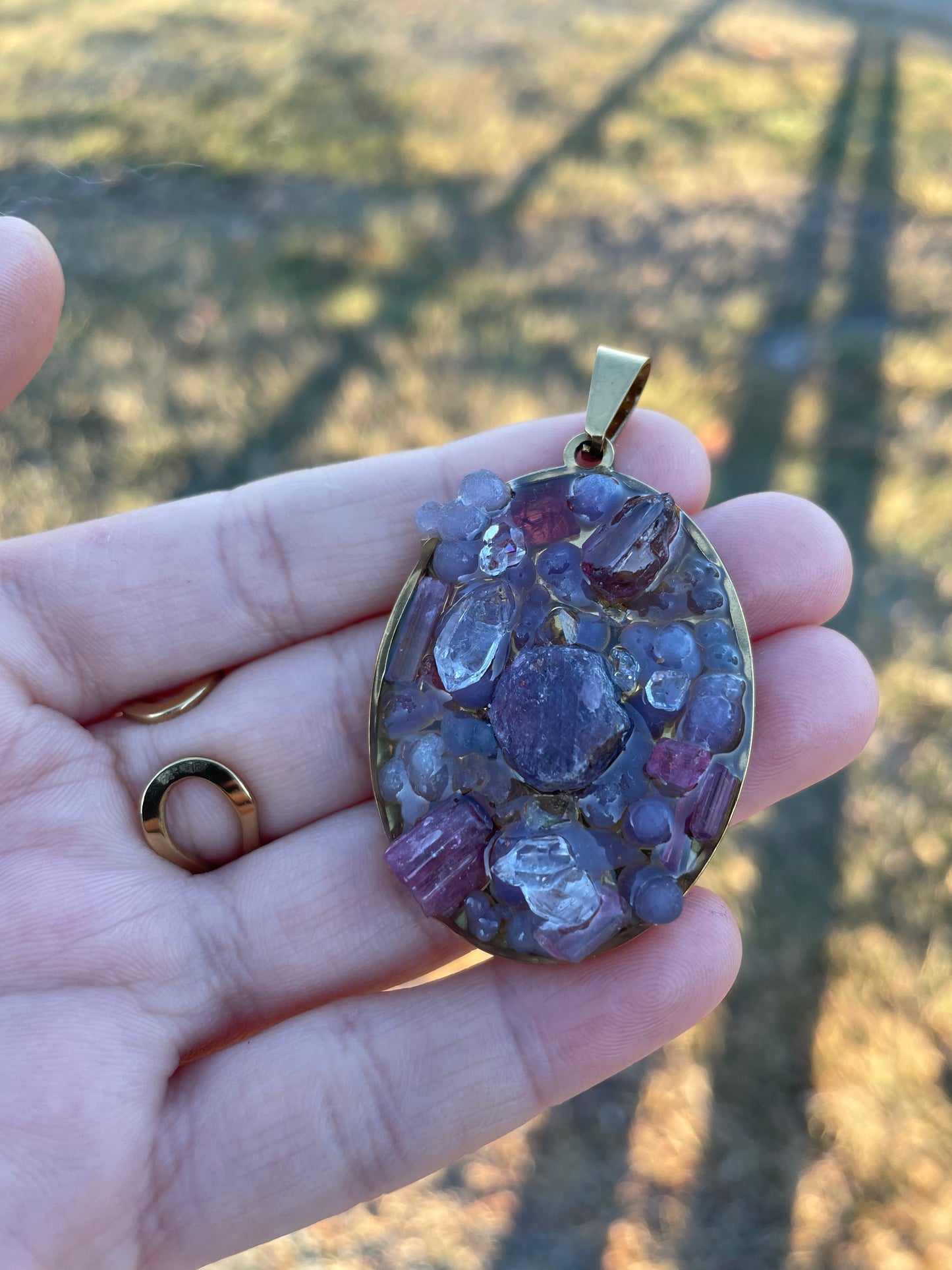 Fantasy Encapsulating: Ruby, Quartz, Grape Agate & Pink Tourmaline Raw Gemstones Pendant