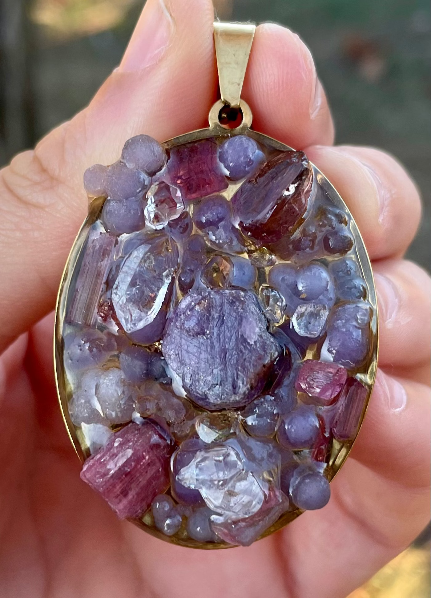 Fantasy Encapsulating: Ruby, Quartz, Grape Agate & Pink Tourmaline Raw Gemstones Pendant