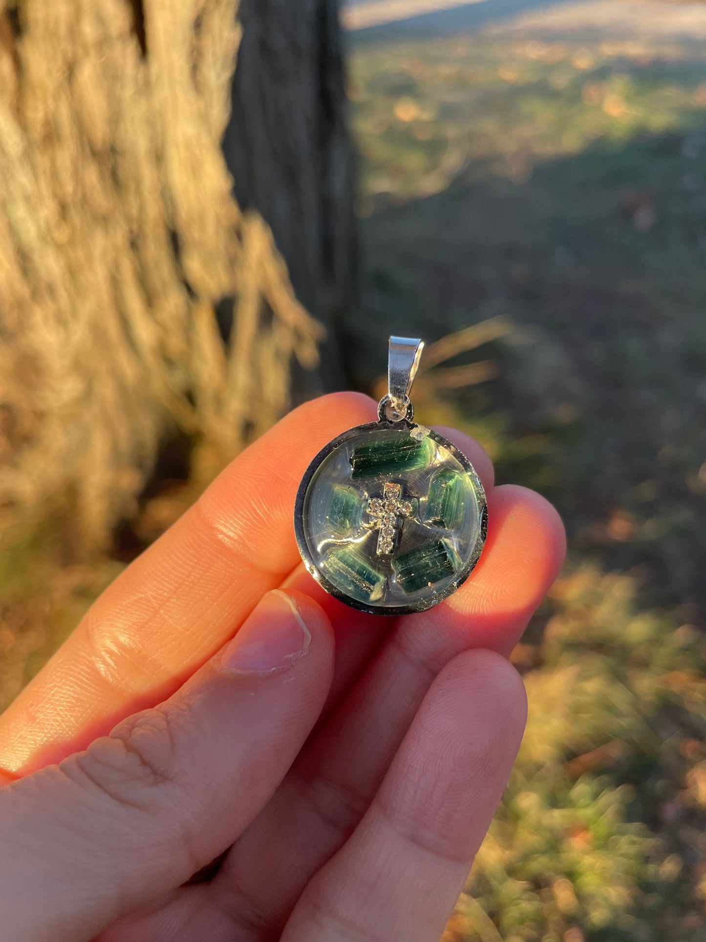 Blue Green Tourmaline Gemstones Zirconia Cross Round Stainless Pendant