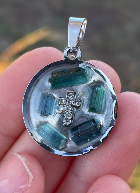 Blue Green Tourmaline Gemstones Zirconia Cross Round Stainless Pendant