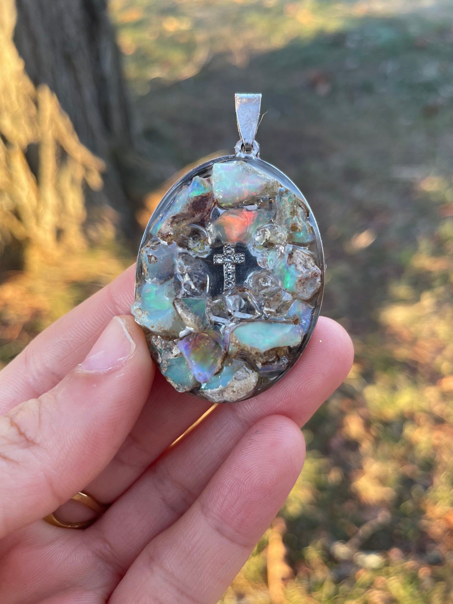 Cross and White Firey Raw Opal Gemstones Pendant