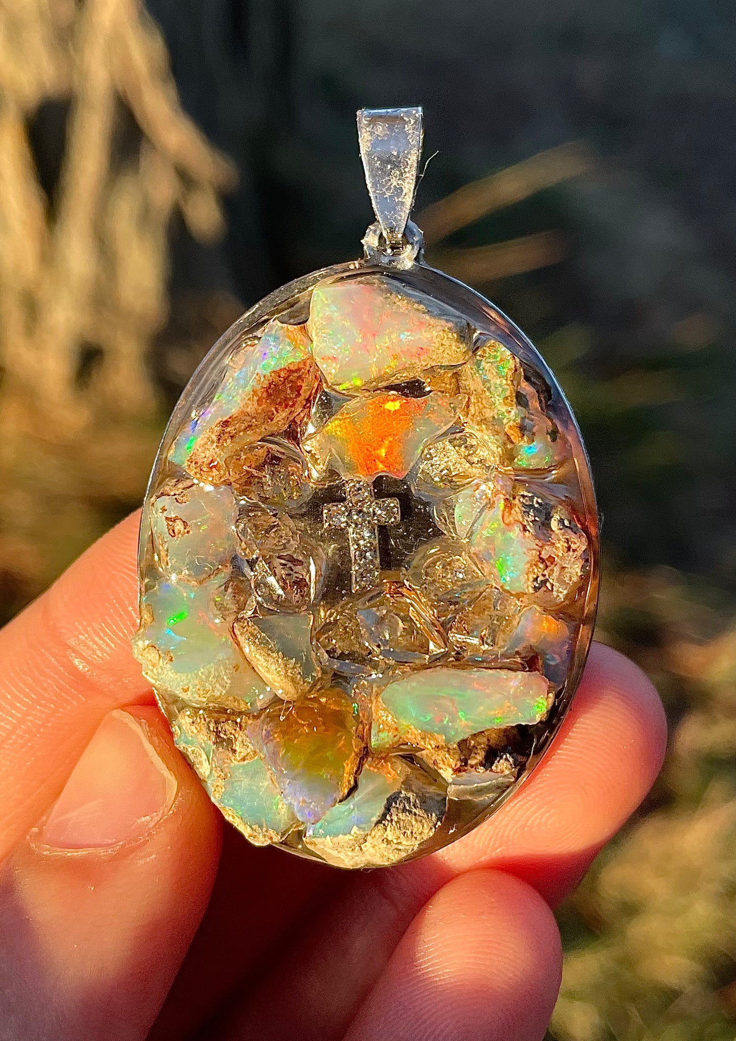 Cross and White Firey Raw Opal Gemstones Pendant