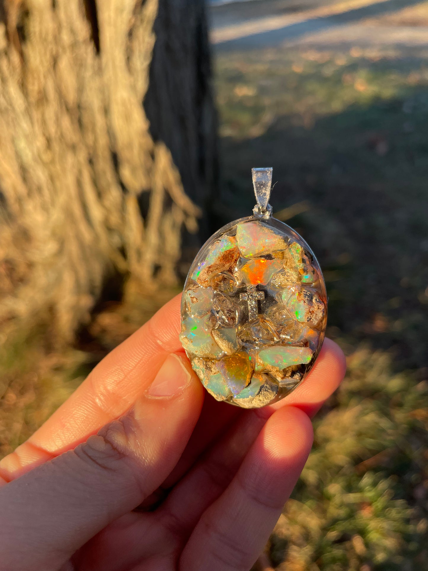 Cross and White Firey Raw Opal Gemstones Pendant