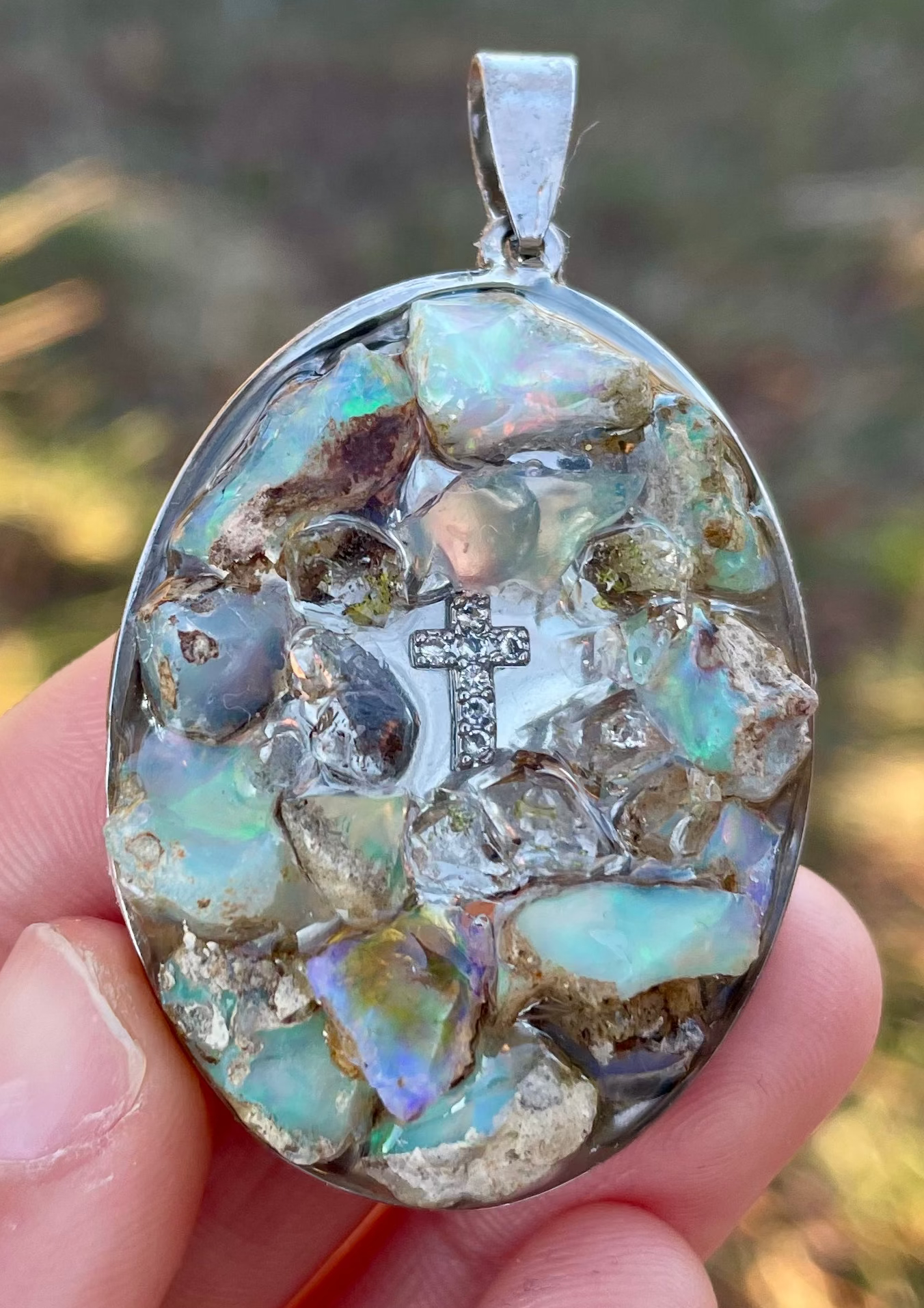 Cross and White Firey Raw Opal Gemstones Pendant