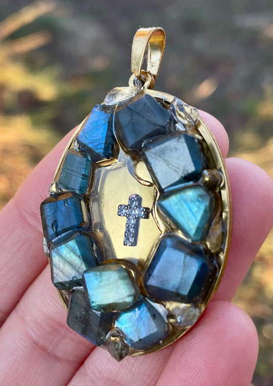 Cross and Labradorite Blue Grey Gemstones Pendant
