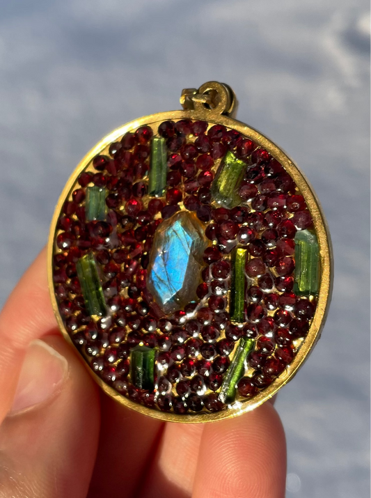 Fantasy Encapsulating: Labradorite, Garnet and Green Tourmaline Pendant