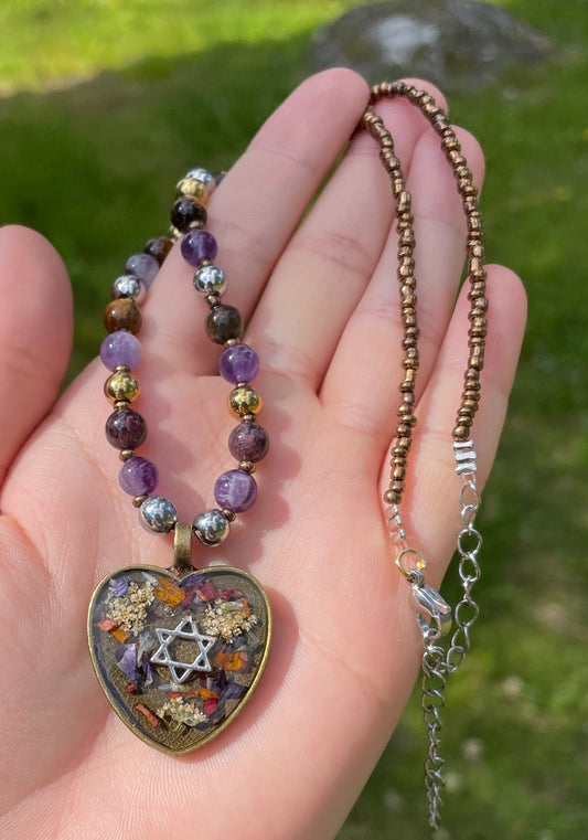 An Israeli Cottage Core Dream with Israeli Flowers, Silver Magen David and Gemstones Necklace