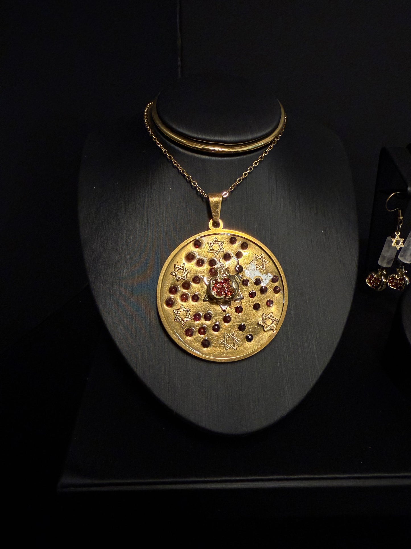 Pomegranate Garnet Gemstones and Magen David Charms Large Round Resin Pendant