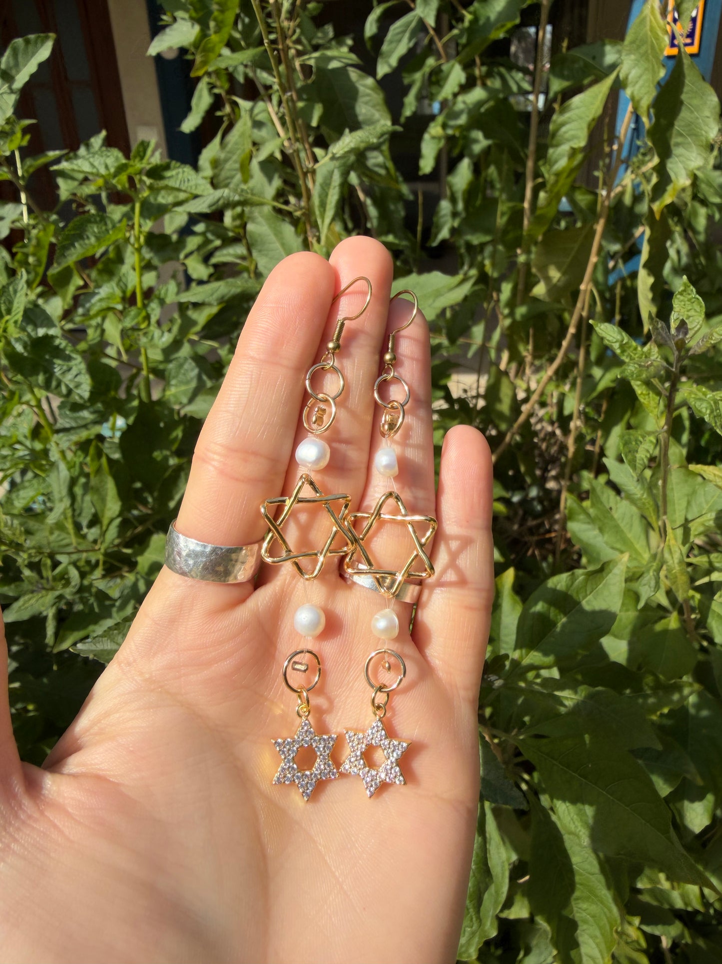 White Pearls Double Magen David Zirconia String Style Gold Plated Earrings