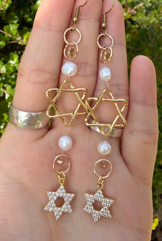 White Pearls Double Magen David Zirconia String Style Gold Plated Earrings