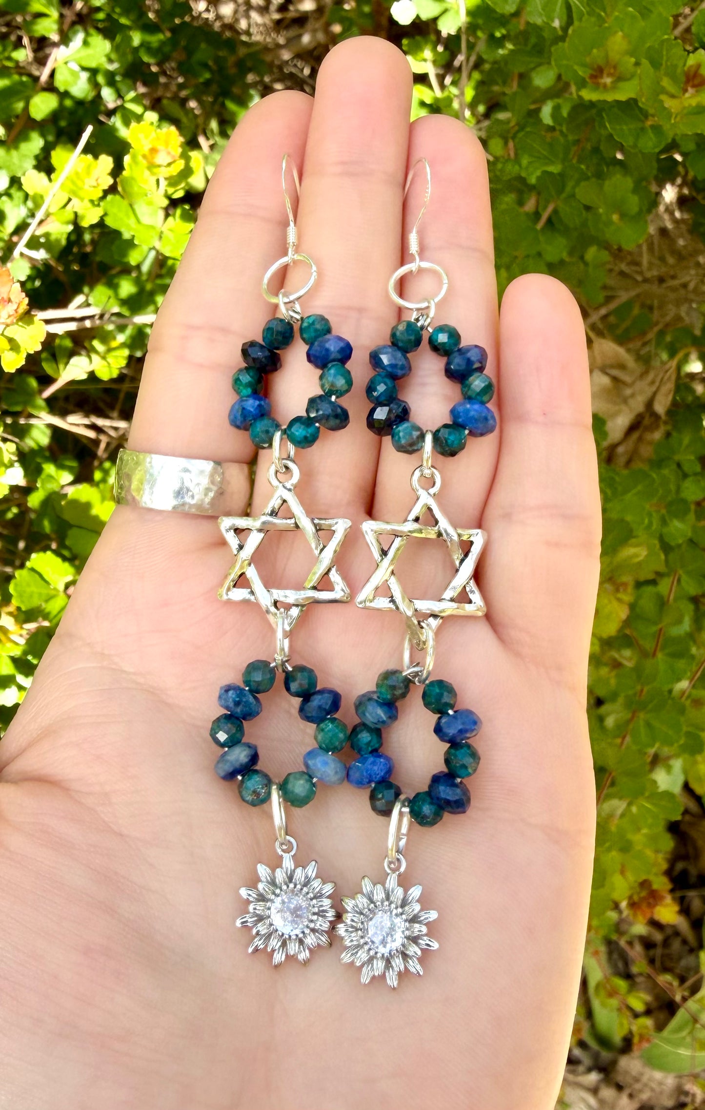 Sodalite & Apatite Gemstones Long Magen David Zirconia Flower Earrings Sterling Silver Hooks