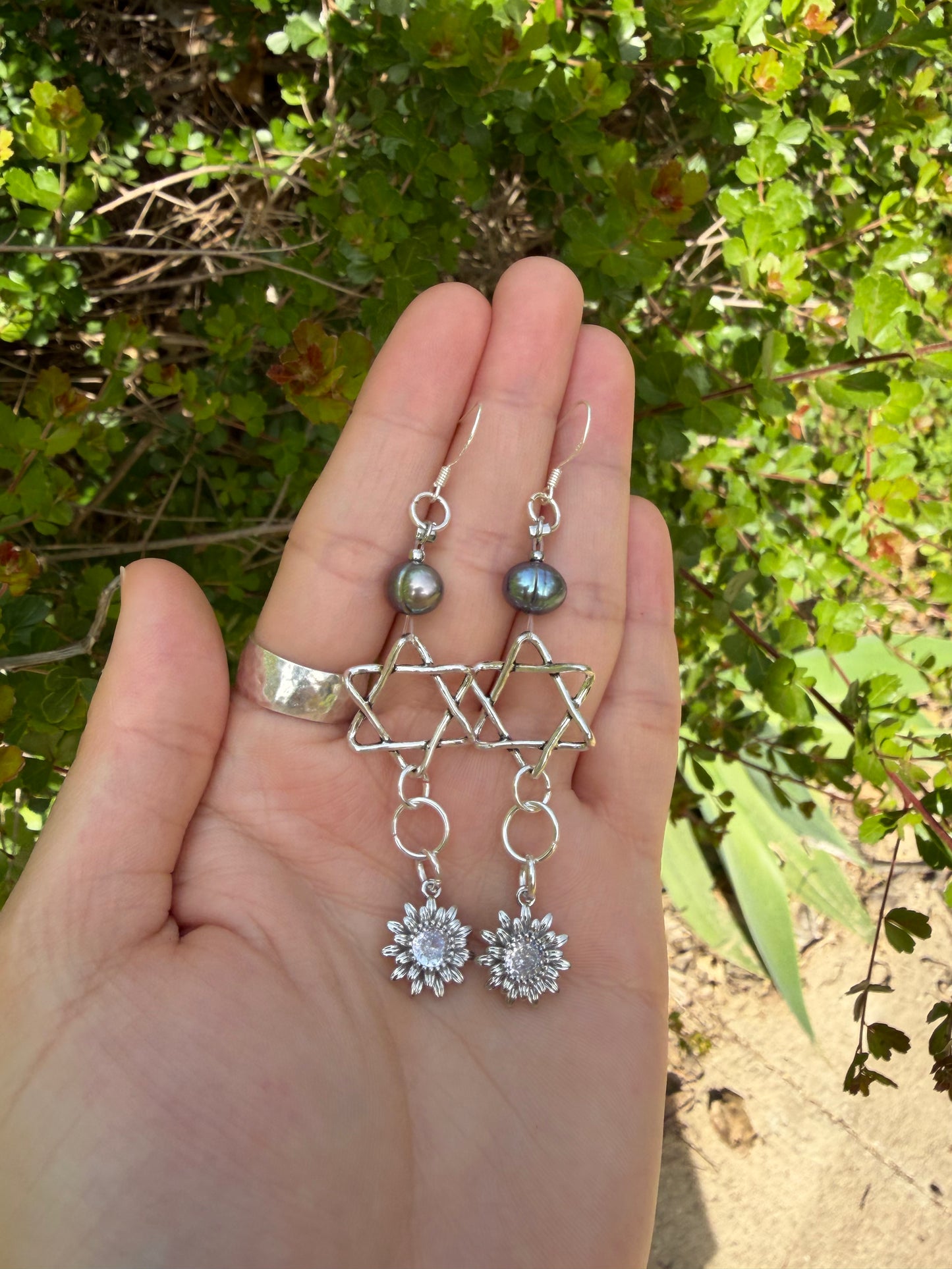 Purple Pearls, Zirconia Flowers and String Styled Magen David Earrings