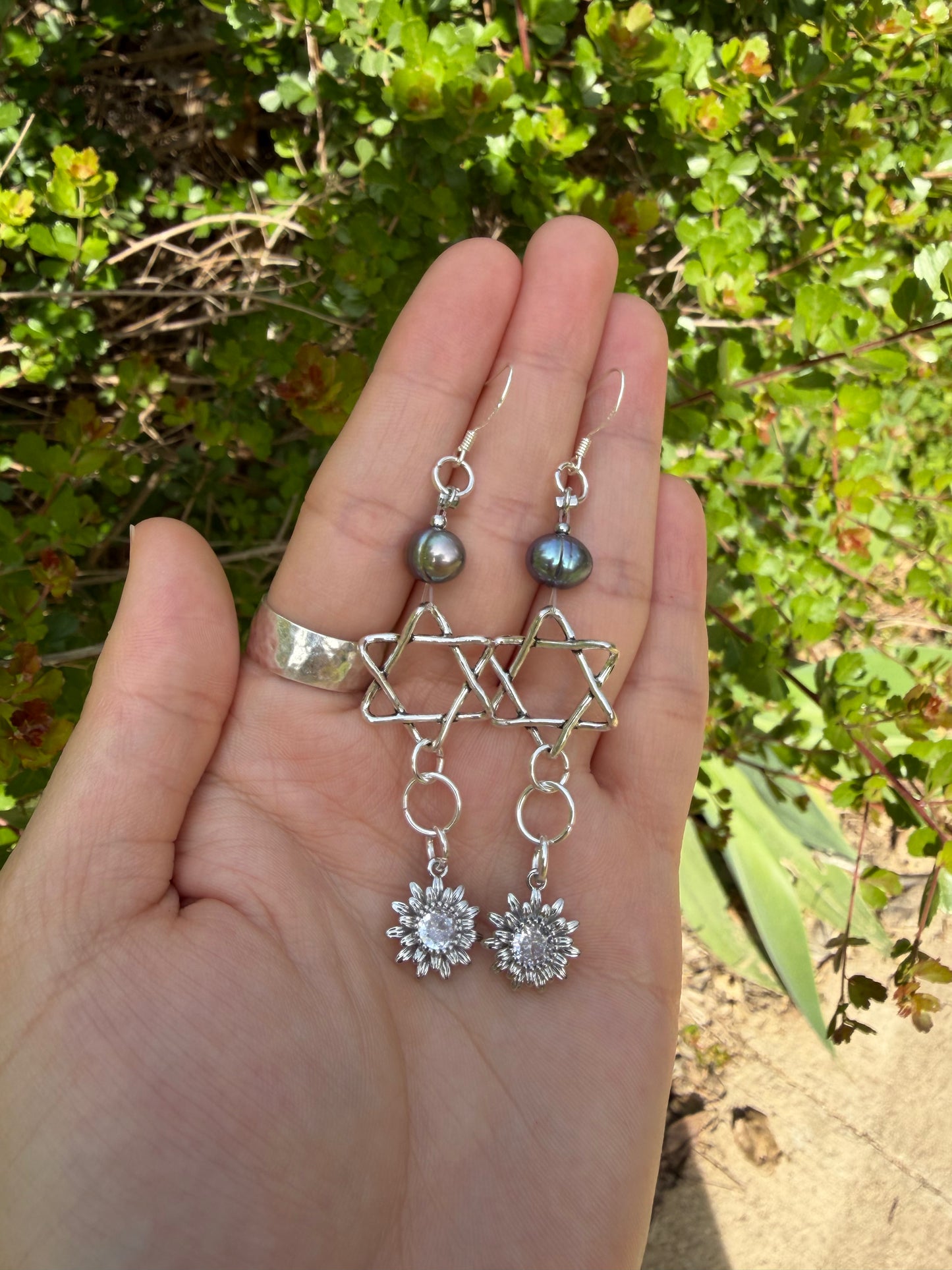 Purple Pearls, Zirconia Flowers and String Styled Magen David Earrings