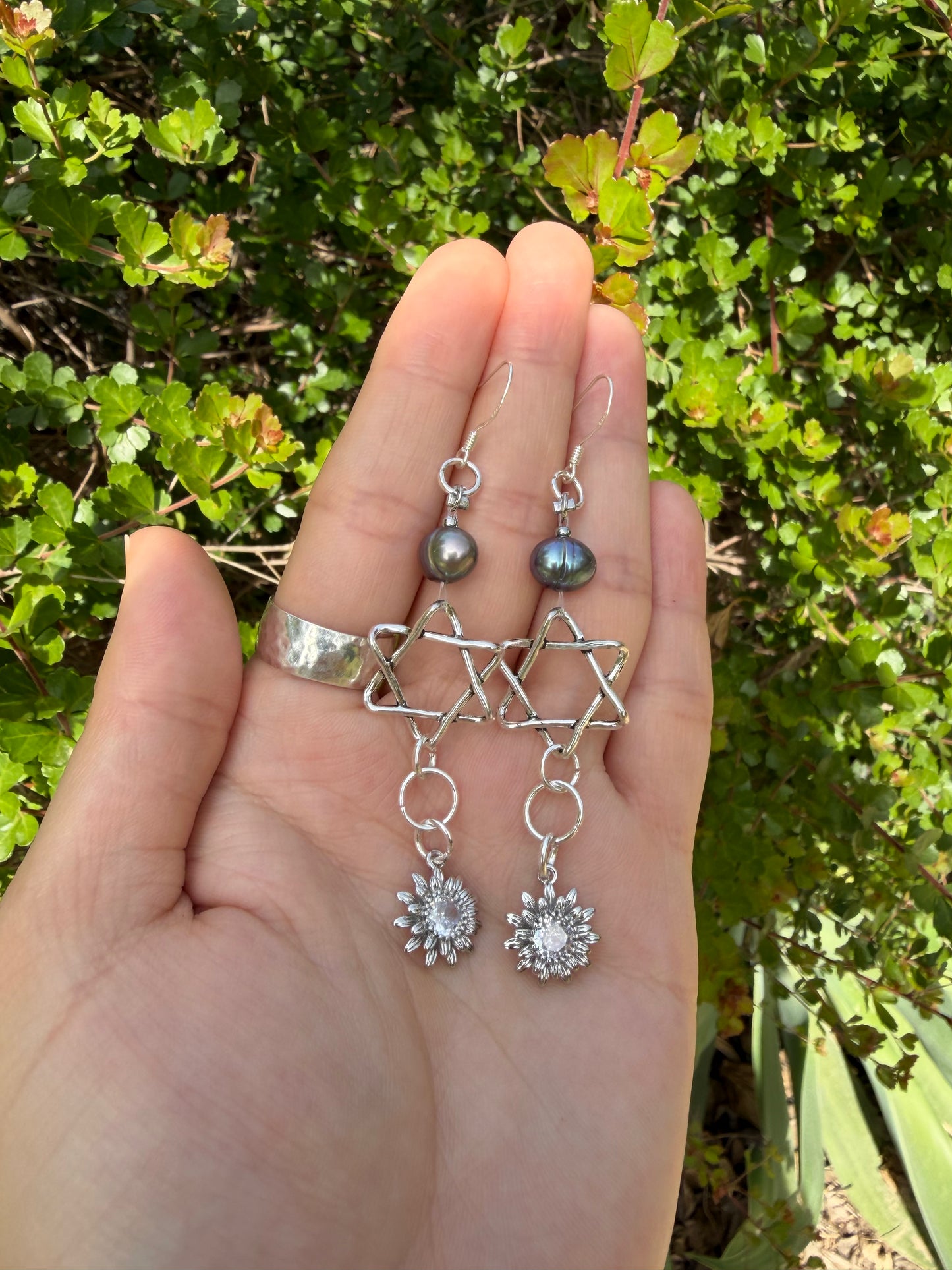 Purple Pearls, Zirconia Flowers and String Styled Magen David Earrings