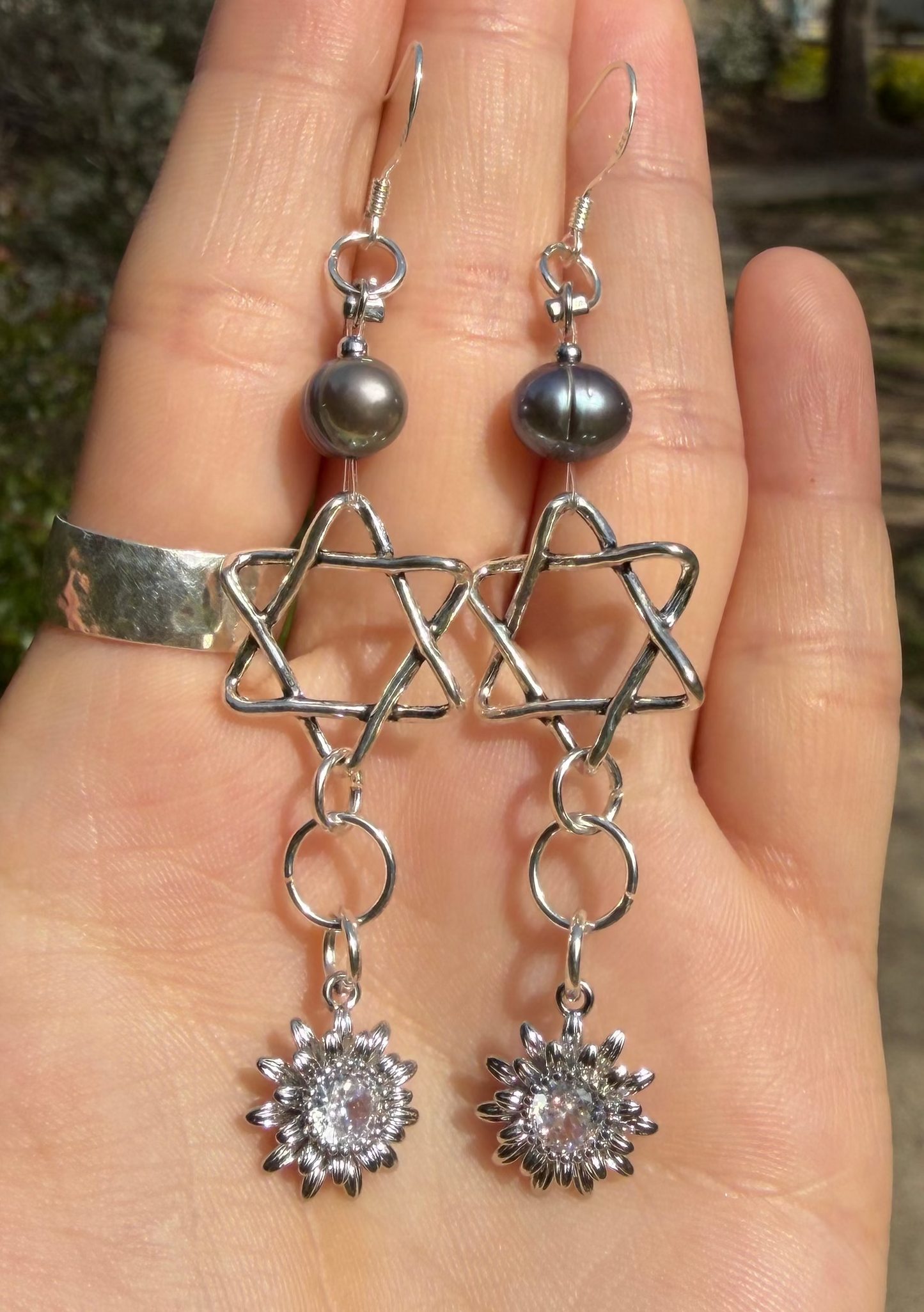 Purple Pearls, Zirconia Flowers and String Styled Magen David Earrings