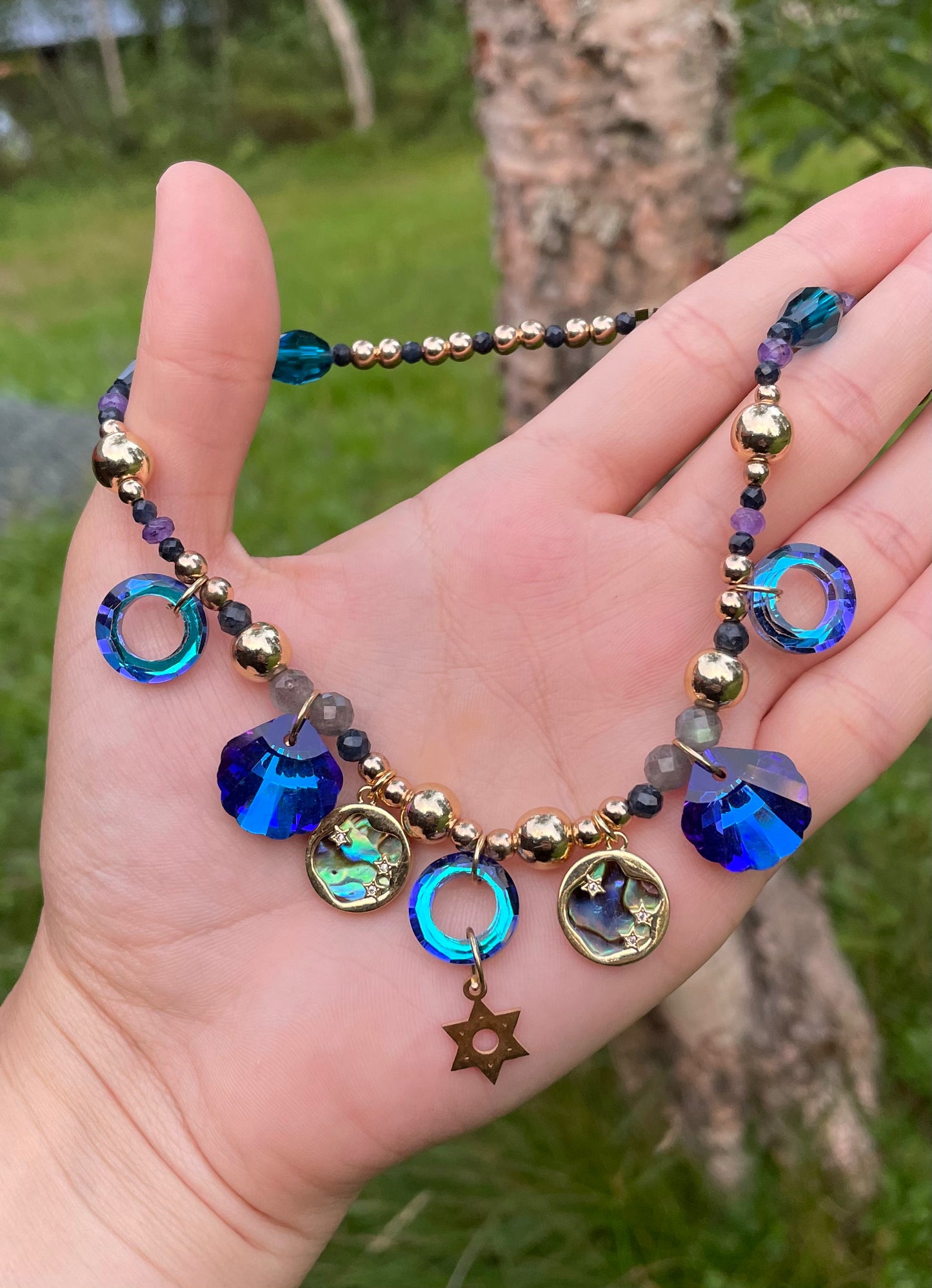 Jewish Queen of the Sea with Gold Plated Magen David, Abalone Shells and Faceted Glass